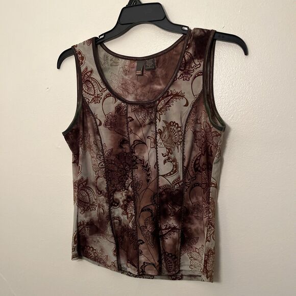 SERENADE Vintage Y2K Boho Sheer Burnout Floral Velvet Whimsygoth Cami, Brown- L - Picture 2 of 7